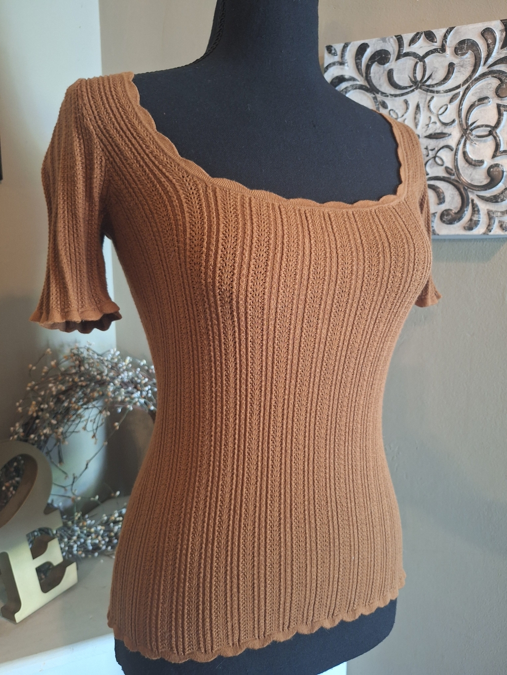 Sezane Women's Camel Colored Ribbed Knit Stretchy Top S